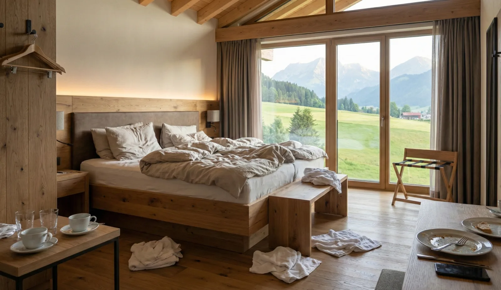 Unaufgeräumtes Hotelzimmer vor der Reinigung