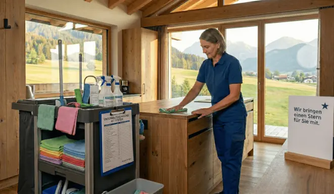 Mitarbeiterin reinigt ein Gästezimmer mit Staubsauger