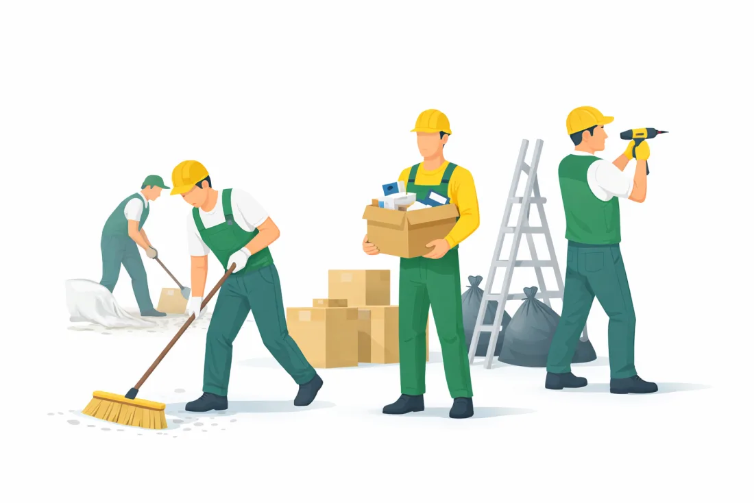 Illustration von drei Mitarbeitern für Hotelservice, Reinigung und Entrümpelung im Allgäu